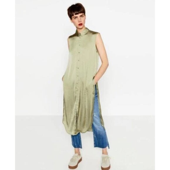 Zara Woman Olive Green Sleeveless Maxi Button-Down Shirt blouse tunic Floral - Picture 9 of 16